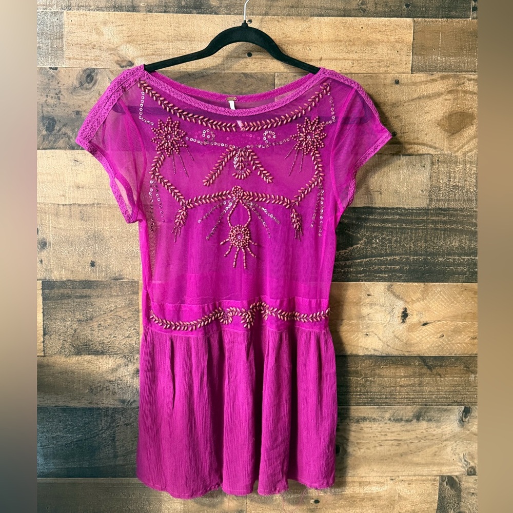 Free People Beaded Sheer Mesh & Gauze Tunic Top - Magenta
